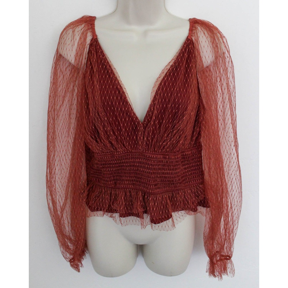 Anthropologie Tulle Blouse LP Large Petite Red Mesh Sleeves Smocked Waist V-Neck